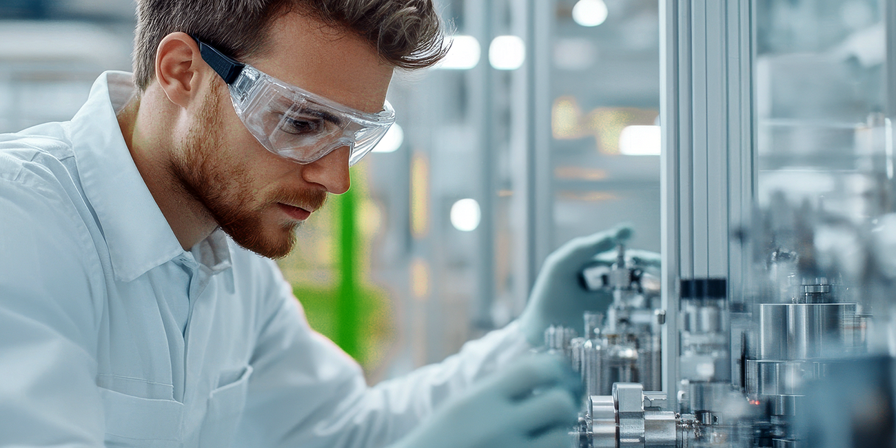 Man with beard, safety goggles and white shirt works on a biotech analyzer