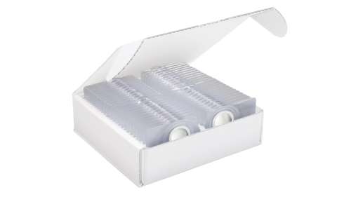 Angled view of multiple slides with aluminum-coated membranes in aluminum rings in a box