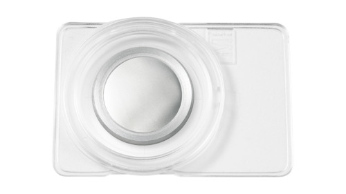 Front view of a slide with a aluminum-coated membrane assembled in an aluminum ring