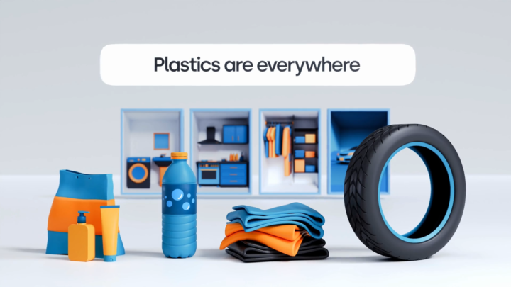 Animated image with (from left to right) a plastic bag with soap dispenser and tube, a plastic bottle, textiles and a car tire. The words “Plastics are everywhere” are written above all the objects.