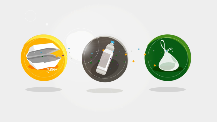 Animated image with three colored circles. The first circle shows a polystyrene food packaging, the second a plastic bottle and the third a plastic bag