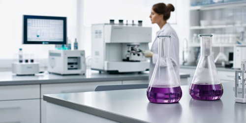 Laboratory with two Erlenmeyer flasks with a purple liquid on a lab bench in the foreground and a woman in a lab coat at a microscope in the background