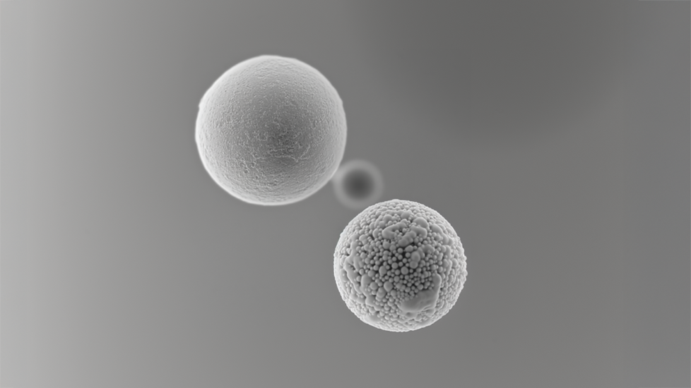 Image from a scanning electron microscope of two particles with different surface structures