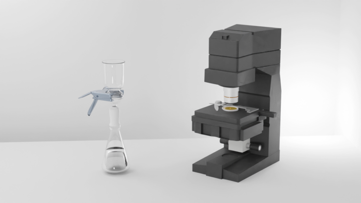 Animated image with a vacuum filtration unit on the left and a light microscope with i3 TrackPor PAR placed for examination on the right