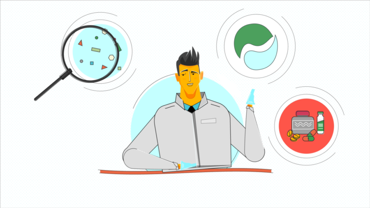 Animated image of a man with three circles of microplastic particles, asbestos and medicines floating above him