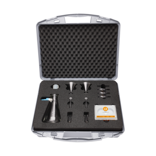 Front view of the opened case of the vacuum filtration unit with all visible components