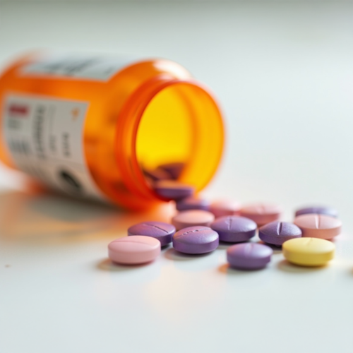 Medicine can tipped over on a table. Several colored tablets lie in front of it.